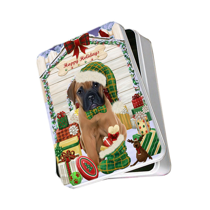 Happy Holidays Christmas Bullmastiff Dog House with Presents Photo Storage Tin PITN51372