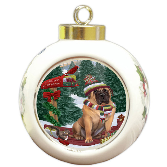 Merry Christmas Woodland Sled Bullmastiff Dog Round Ball Christmas Ornament RBPOR55236