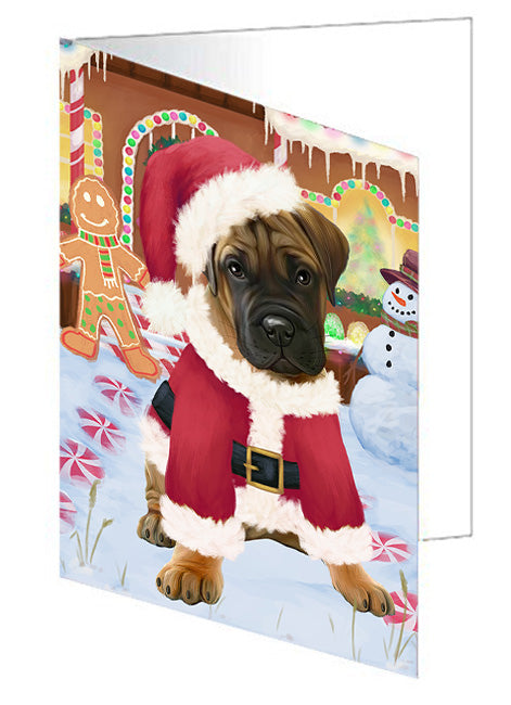 Christmas Gingerbread House Candyfest Bullmastiff Dog Handmade Artwork Assorted Pets Greeting Cards and Note Cards with Envelopes for All Occasions and Holiday Seasons GCD73187