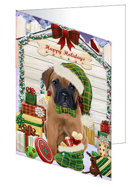 Happy Holidays Christmas Bullmastiff Dog House with Presents Handmade Artwork Assorted Pets Greeting Cards and Note Cards with Envelopes for All Occasions and Holiday Seasons GCD58145