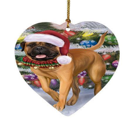 Trotting in the Snow Bullmastiff Dog Heart Christmas Ornament HPOR57005