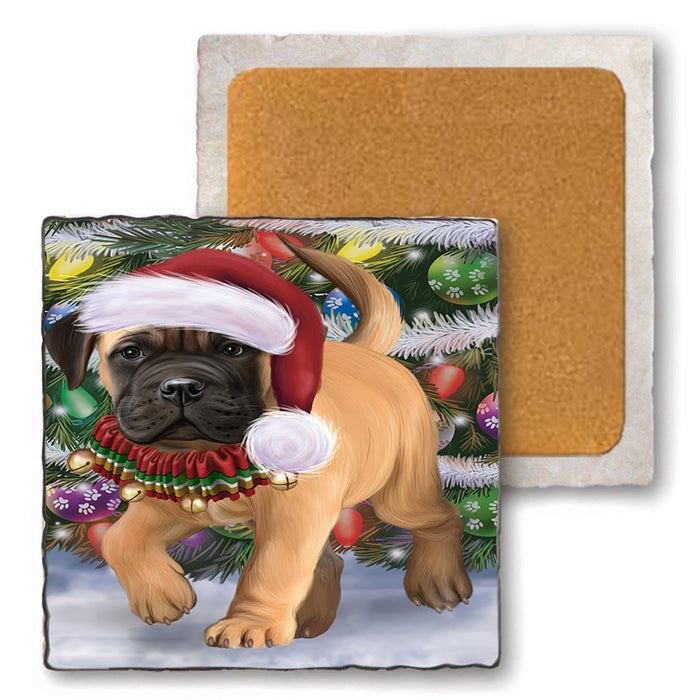 Trotting in the Snow Bullmastiff Dog Set of 4 Natural Stone Marble Tile Coasters MCST51650