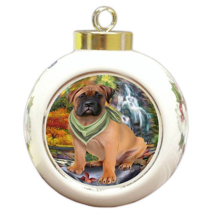 Scenic Waterfall Bullmastiff Dog Round Ball Christmas Ornament RBPOR51849