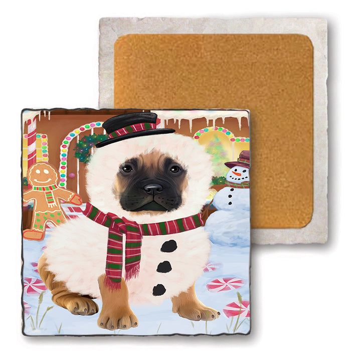 Christmas Gingerbread House Candyfest Bullmastiff Dog Set of 4 Natural Stone Marble Tile Coasters MCST51225