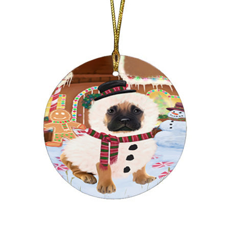 Christmas Gingerbread House Candyfest Bullmastiff Dog Round Flat Christmas Ornament RFPOR56581