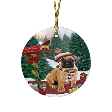Merry Christmas Woodland Sled Bullmastiff Dog Round Flat Christmas Ornament RFPOR55237
