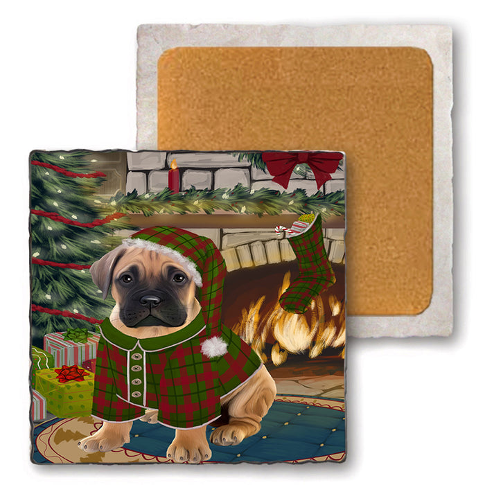 The Stocking was Hung Bullmastiff Dog Set of 4 Natural Stone Marble Tile Coasters MCST50257