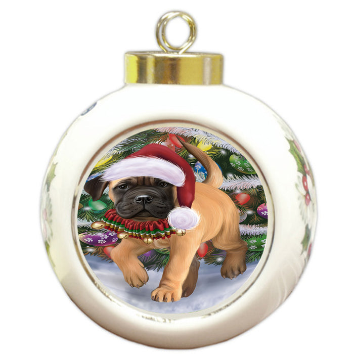 Trotting in the Snow Bullmastiff Dog Round Ball Christmas Ornament RBPOR57006