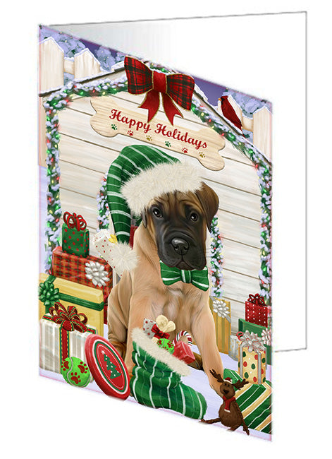 Happy Holidays Christmas Bullmastiff Dog House with Presents Handmade Artwork Assorted Pets Greeting Cards and Note Cards with Envelopes for All Occasions and Holiday Seasons GCD58148