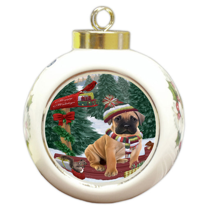 Merry Christmas Woodland Sled Bullmastiff Dog Round Ball Christmas Ornament RBPOR55237