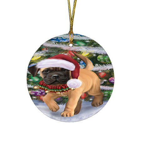 Trotting in the Snow Bullmastiff Dog Round Flat Christmas Ornament RFPOR57006