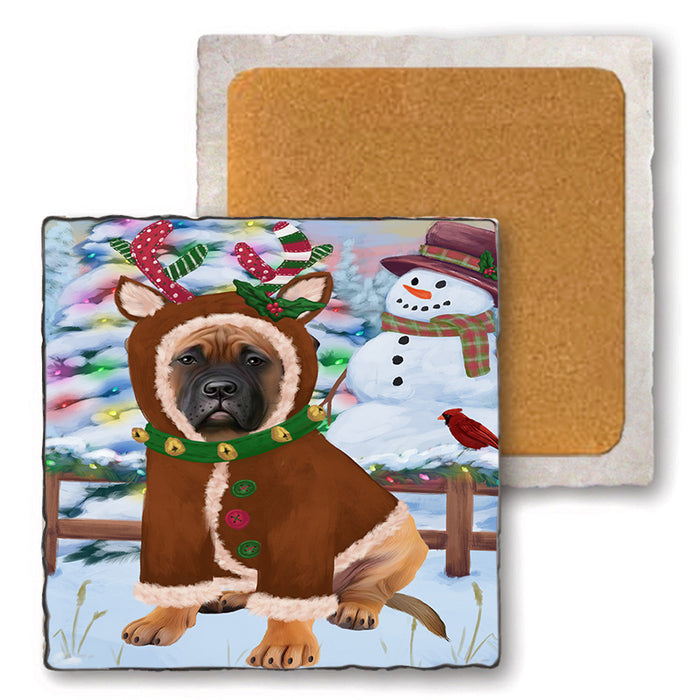 Christmas Gingerbread House Candyfest Bullmastiff Dog Set of 4 Natural Stone Marble Tile Coasters MCST51226