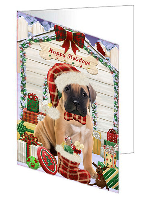 Happy Holidays Christmas Bullmastiff Dog House with Presents Handmade Artwork Assorted Pets Greeting Cards and Note Cards with Envelopes for All Occasions and Holiday Seasons GCD58151