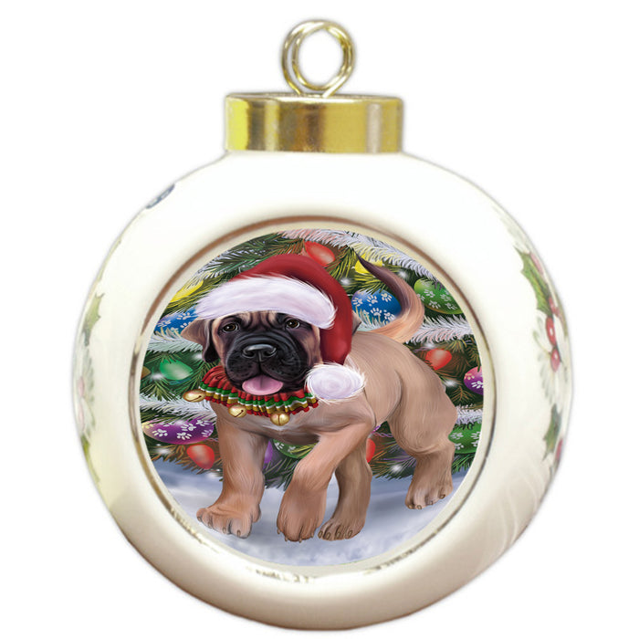 Trotting in the Snow Bullmastiff Dog Round Ball Christmas Ornament RBPOR57007