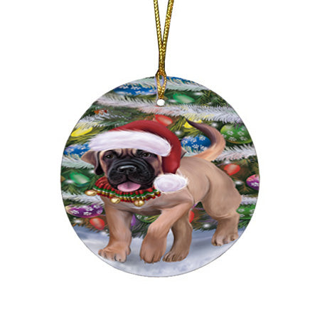 Trotting in the Snow Bullmastiff Dog Round Flat Christmas Ornament RFPOR57007
