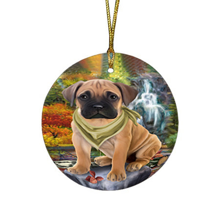 Scenic Waterfall Bullmastiff Dog Round Flat Christmas Ornament RFPOR51841