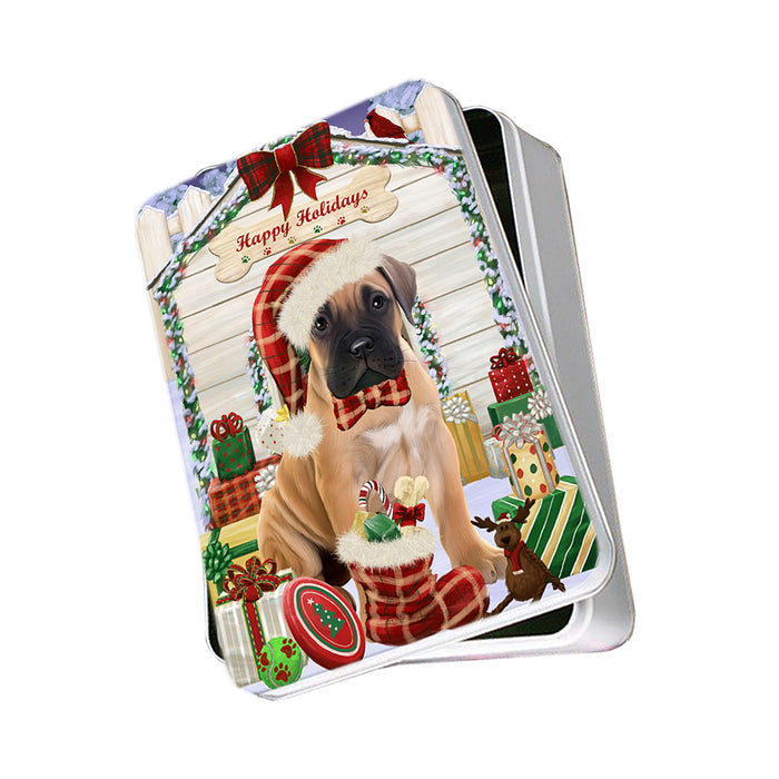 Happy Holidays Christmas Bullmastiff Dog House with Presents Photo Storage Tin PITN51374