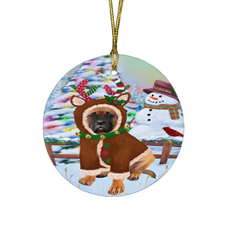 Christmas Gingerbread House Candyfest Bullmastiff Dog Round Flat Christmas Ornament RFPOR56582