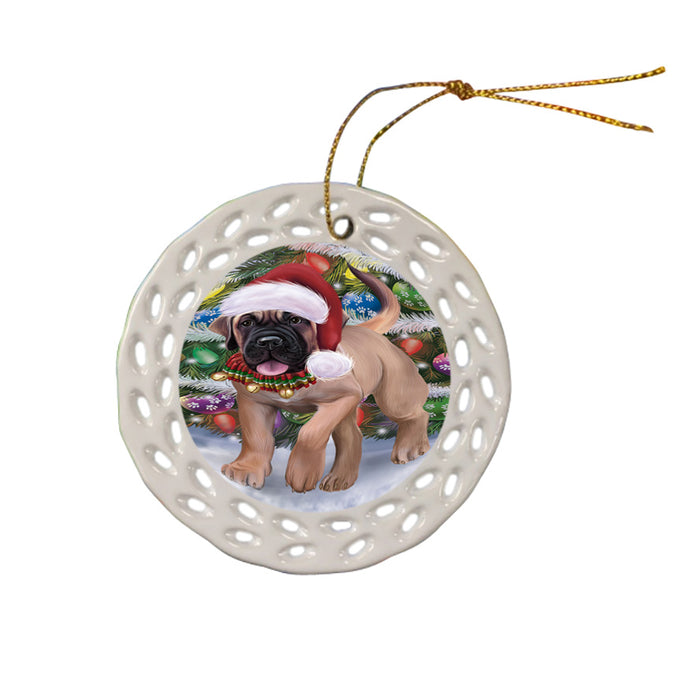 Trotting in the Snow Bullmastiff Dog Ceramic Doily Ornament DPOR57201
