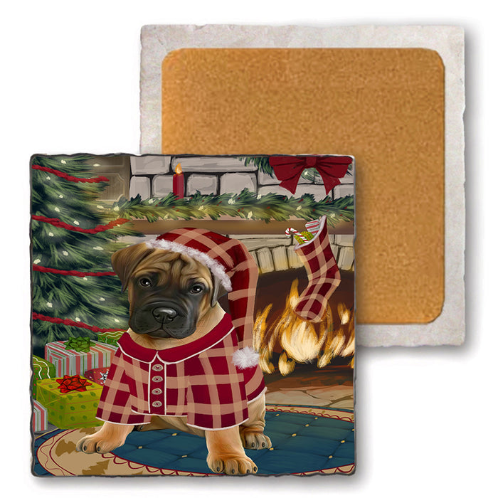 The Stocking was Hung Bullmastiff Dog Set of 4 Natural Stone Marble Tile Coasters MCST50258