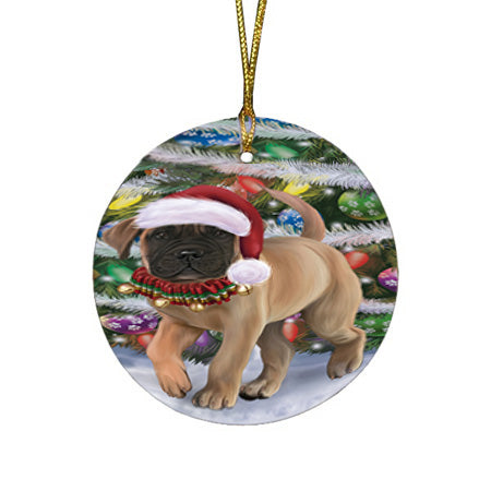 Trotting in the Snow Bullmastiff Dog Round Flat Christmas Ornament RFPOR57008