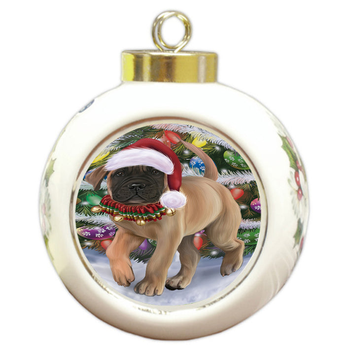 Trotting in the Snow Bullmastiff Dog Round Ball Christmas Ornament RBPOR57008
