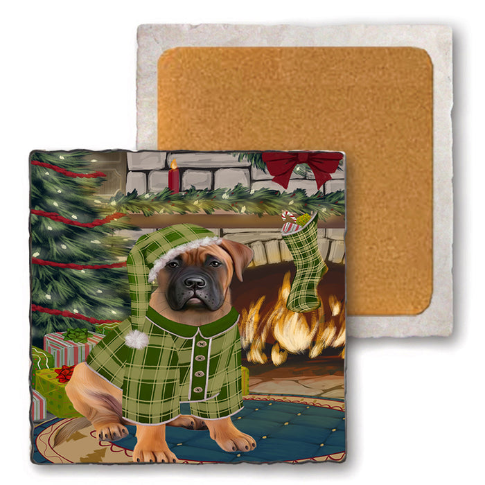 The Stocking was Hung Bullmastiff Dog Set of 4 Natural Stone Marble Tile Coasters MCST50259