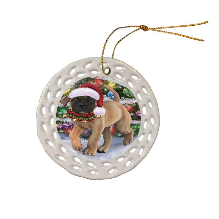 Trotting in the Snow Bullmastiff Dog Ceramic Doily Ornament DPOR57202