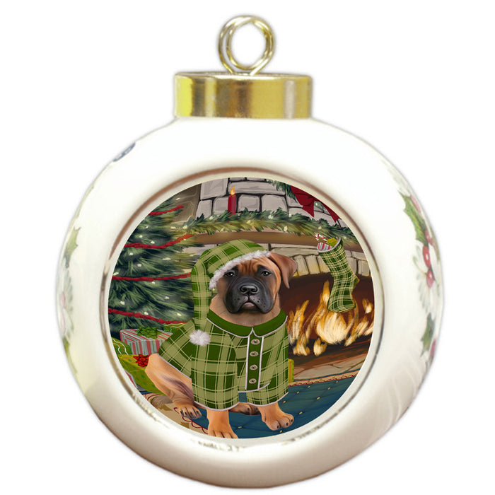 The Stocking was Hung Bullmastiff Dog Round Ball Christmas Ornament RBPOR55615