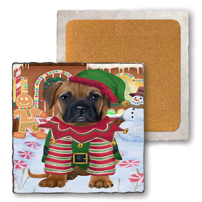 Christmas Gingerbread House Candyfest Bullmastiff Dog Set of 4 Natural Stone Marble Tile Coasters MCST51227