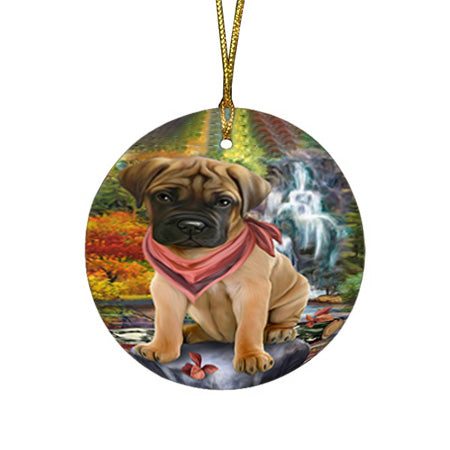 Scenic Waterfall Bullmastiff Dog Round Flat Christmas Ornament RFPOR51842