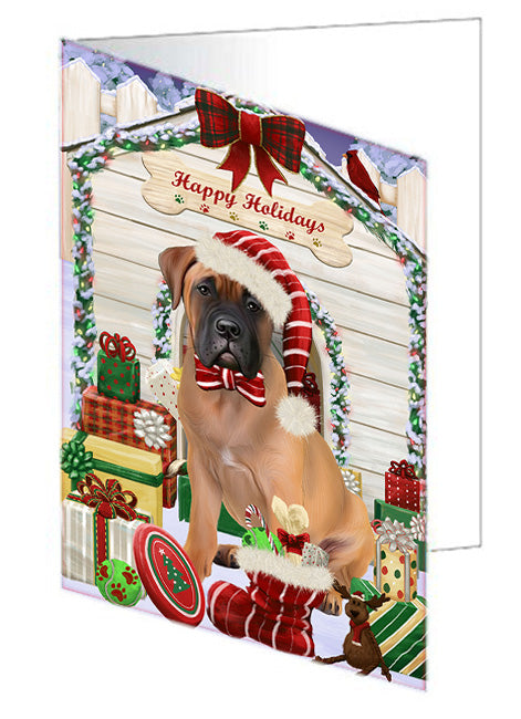 Happy Holidays Christmas Bullmastiff Dog House with Presents Handmade Artwork Assorted Pets Greeting Cards and Note Cards with Envelopes for All Occasions and Holiday Seasons GCD58154