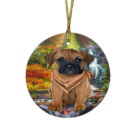 Scenic Waterfall Bullmastiff Dog Round Flat Christmas Ornament RFPOR51843