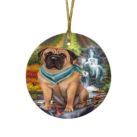 Scenic Waterfall Bullmastiff Dog Round Flat Christmas Ornament RFPOR51844