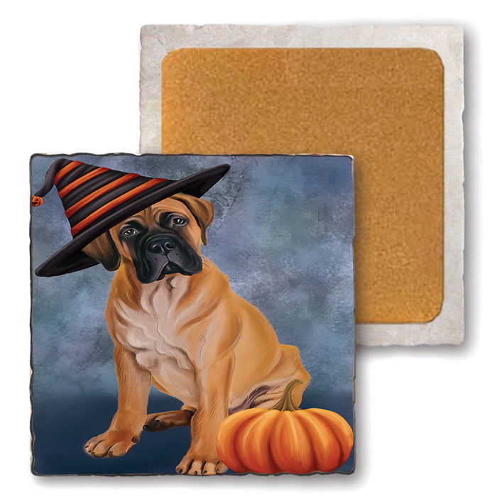 Happy Halloween Bullmastiff Dog Wearing Witch Hat with Pumpkin Set of 4 Natural Stone Marble Tile Coasters MCST49872