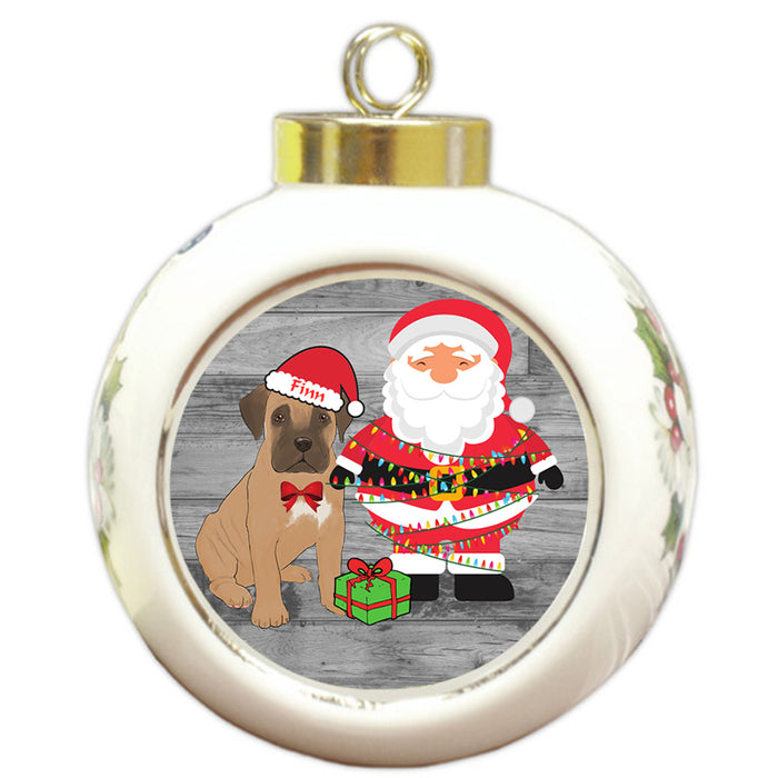 Custom Personalized Bullmastiff Dog With Santa Wrapped in Light Christmas Round Ball Ornament