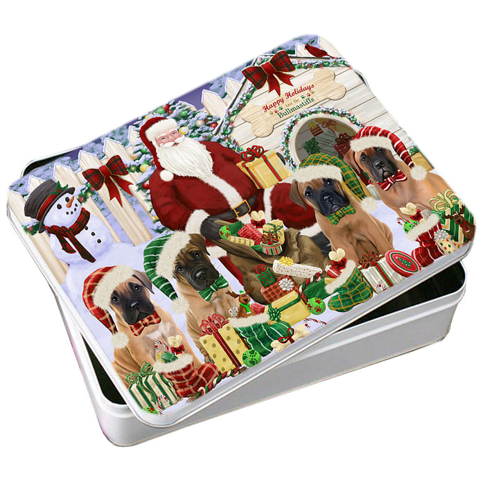 Happy Holidays Christmas Bullmastiffs Dog House Gathering Photo Storage Tin PITN51289