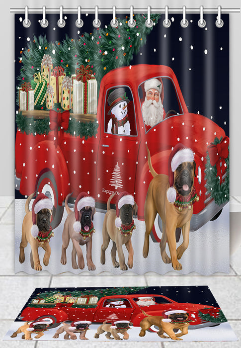 Christmas Express Delivery Red Truck Running Bullmastiff Dogs Bath Mat and Shower Curtain Combo