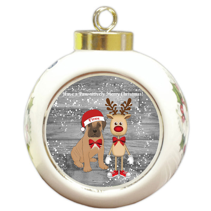 Custom Personalized Bullmastiff Dog Reindeer and Pooch Christmas Round Ball Ornament
