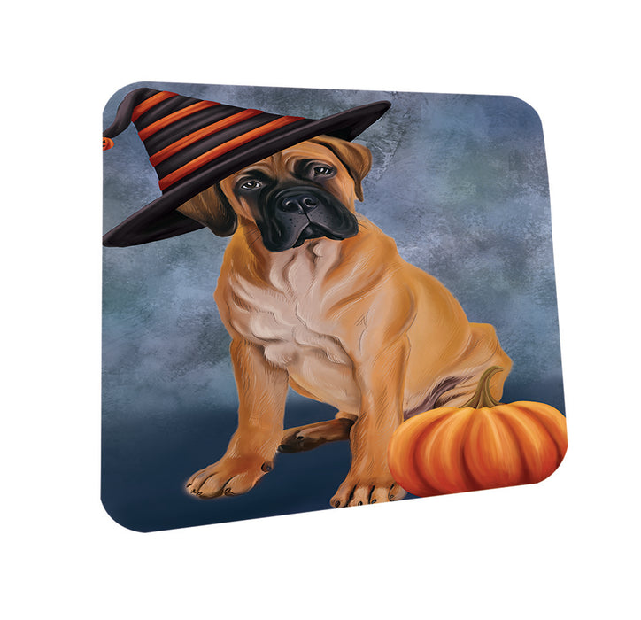 Happy Halloween Bullmastiff Dog Wearing Witch Hat with Pumpkin Coasters Set of 4 CST54830