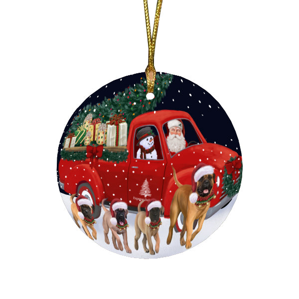Christmas Express Delivery Red Truck Running Bullmastiff Dogs Round Flat Christmas Ornament RFPOR57735