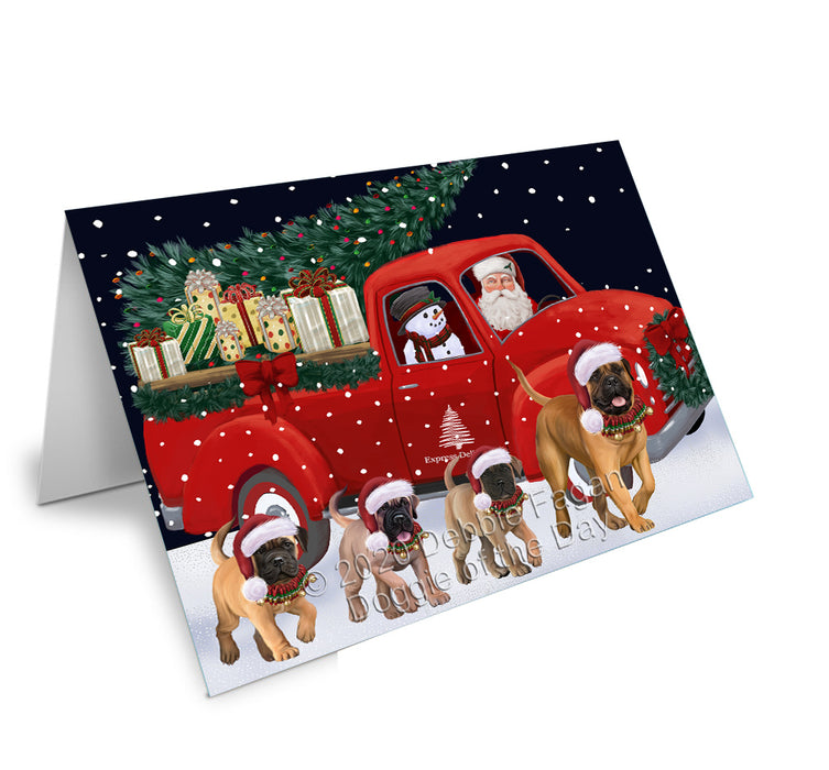 Christmas Express Delivery Red Truck Running Bullmastiff Dogs Handmade Artwork Assorted Pets Greeting Cards and Note Cards with Envelopes for All Occasions and Holiday Seasons GCD75092