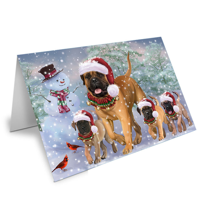 Christmas Running Family Bullmastiffs Dog Handmade Artwork Assorted Pets Greeting Cards and Note Cards with Envelopes for All Occasions and Holiday Seasons GCD74426