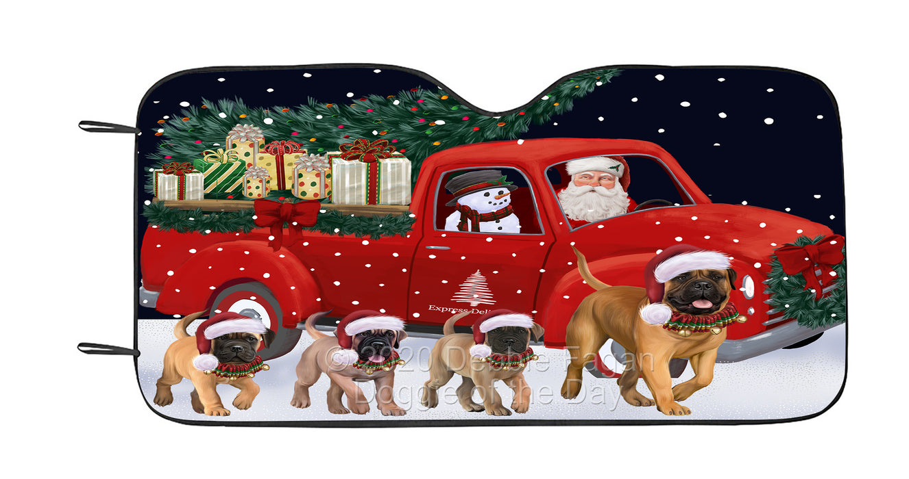 Christmas Express Delivery Red Truck Running Bullmastiff Dog Car Sun Shade Cover Curtain