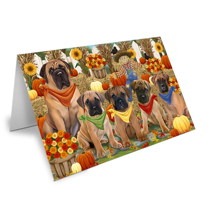 Fall Festive Gathering Bullmastiffs Dog with Pumpkins Handmade Artwork Assorted Pets Greeting Cards and Note Cards with Envelopes for All Occasions and Holiday Seasons GCD55928