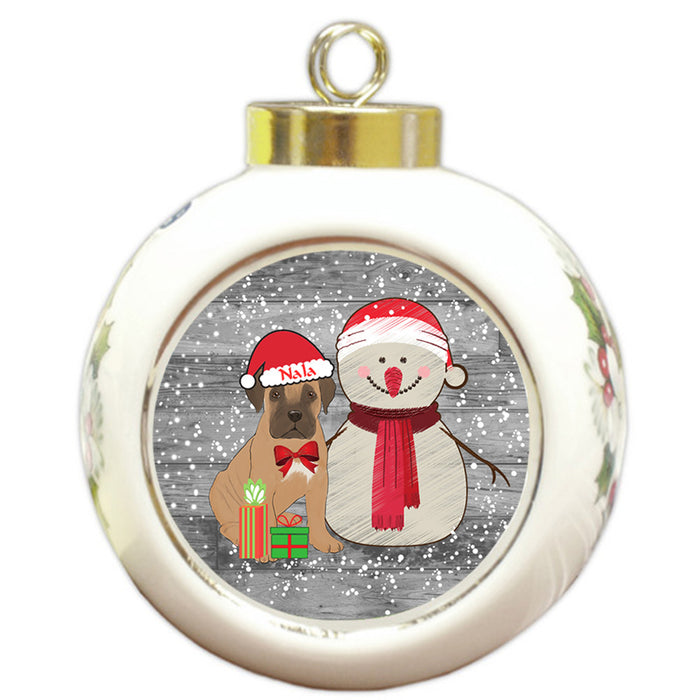 Custom Personalized Snowy Snowman and Bullmastiff Dog Christmas Round Ball Ornament
