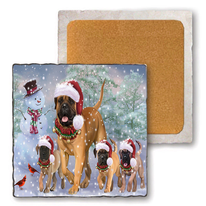 Christmas Running Family Bullmastiffs Dog Set of 4 Natural Stone Marble Tile Coasters MCST51637