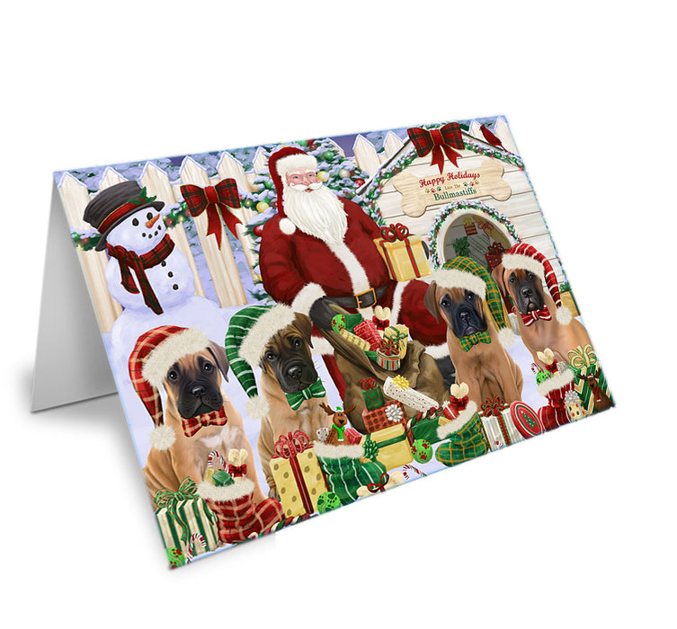 Happy Holidays Christmas Bullmastiffs Dog House Gathering Handmade Artwork Assorted Pets Greeting Cards and Note Cards with Envelopes for All Occasions and Holiday Seasons GCD57896
