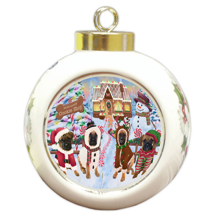 Holiday Gingerbread Cookie Shop Bullmastiffs Dog Round Ball Christmas Ornament RBPOR56744
