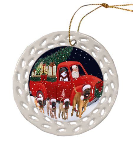 Christmas Express Delivery Red Truck Running Bullmastiff Dog Doily Ornament DPOR59252